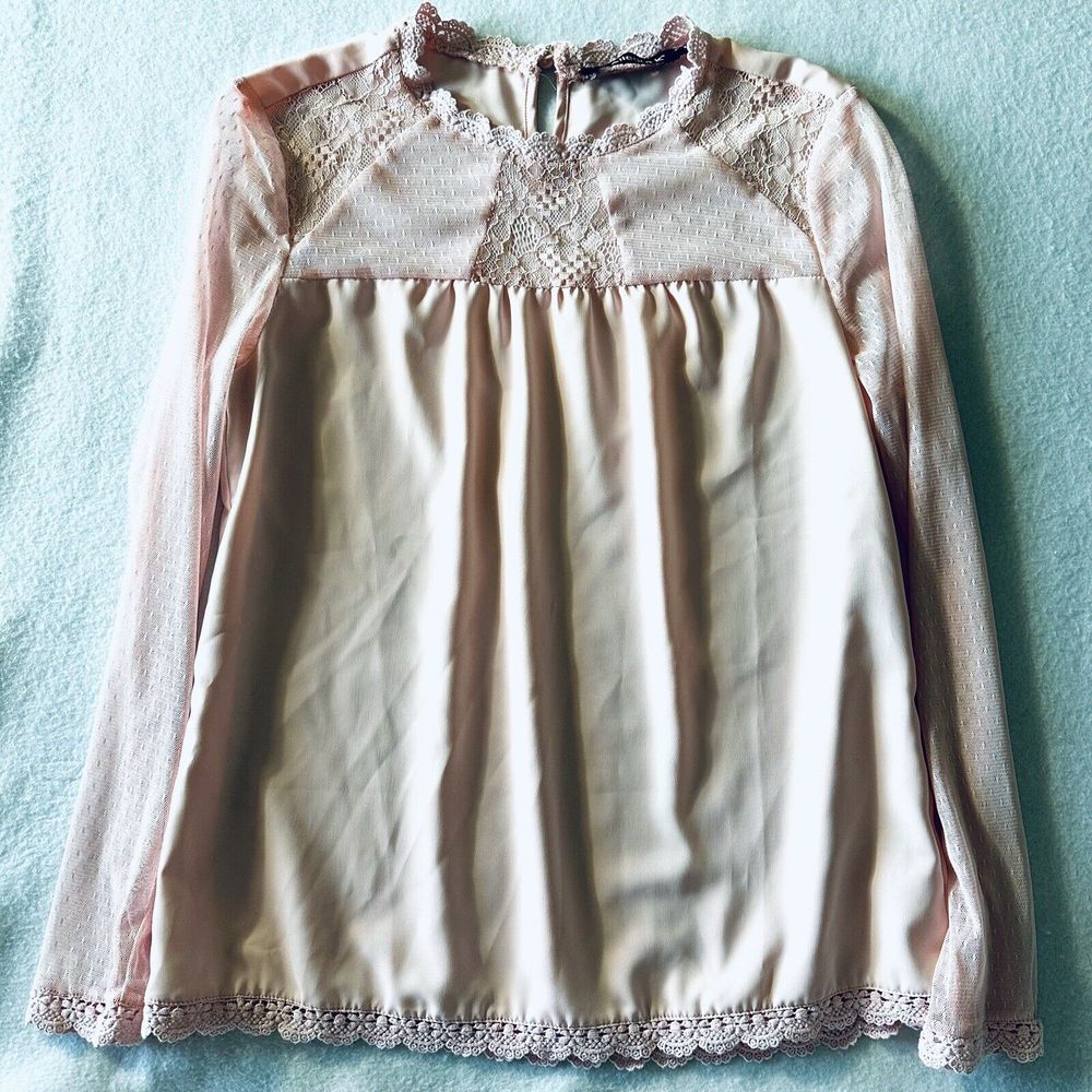 Allegra K Women's Small Lace‎ Ballet Pink Peasant Chiffon Blouse Top Chiffon
